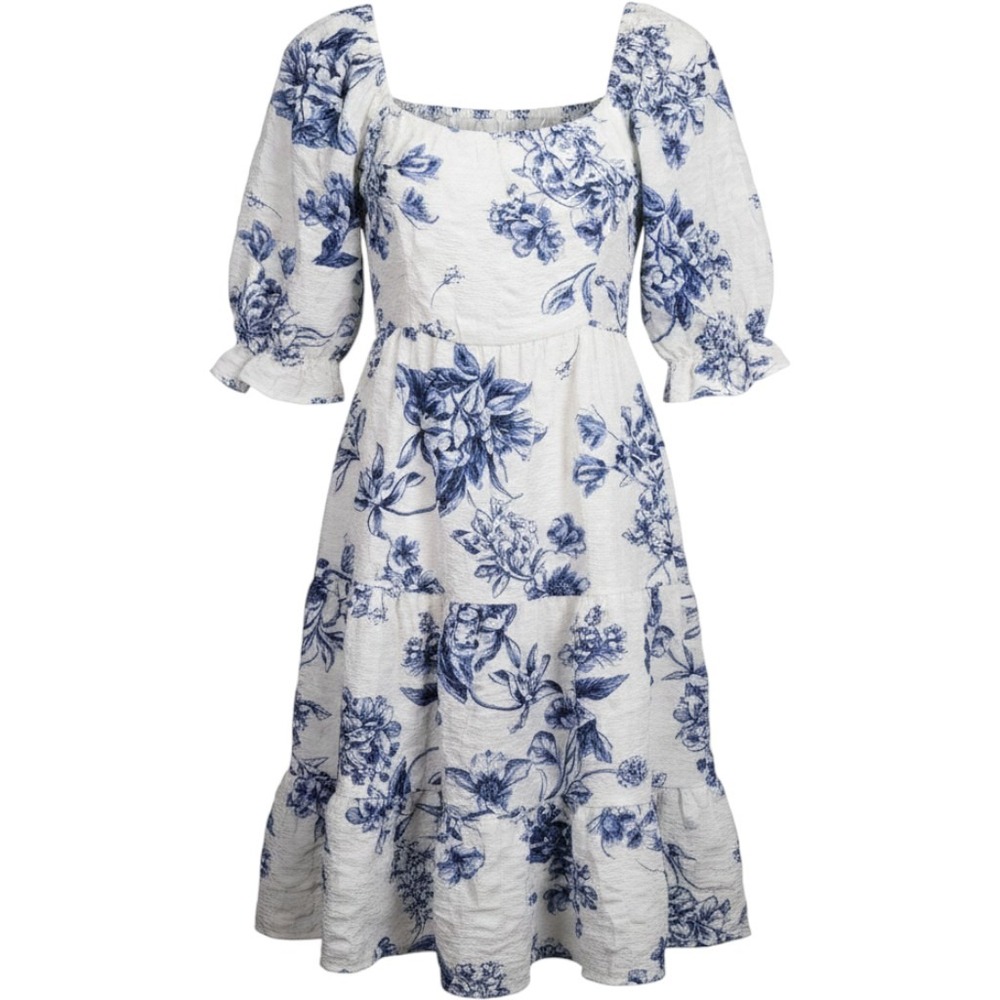 Mary & Mo Junior Girls XL Blue White Floral Smocked Tiered‎ Cottagecore  Dress
